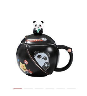 400ml Seramik Kapaklı Kaşıklı Panda Kupa Bardak Çay Kahve Bardağı Ofis Kupa Seti (Siyah)