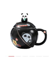 400ml Seramik Kapaklı Kaşıklı Panda Kupa Bardak Çay Kahve Bardağı Ofis Kupa Seti (Siyah)