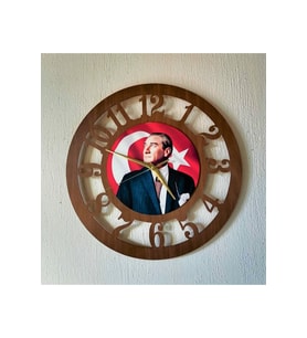 Bilge Duvar Saati, Atatürk Detaylı Dekoratif Ahşap Duvar Saati (Ceviz)