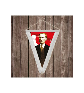 Takım Elbiseli Sivil Gazi Mustafa Kemal Atatürk Portre Ay Yıldız Beyaz Saçaklı Üçgen Flama Bayrak Hatıra Flama ATA40