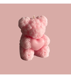 Küçük Boy Desenli ve Kalpli Ayıcık Mum  Açık Pembe, Kadınlar Günü
