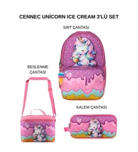 Cennec Unicorn Ice Cream Okul Seti - Sırt Çantası, Kalemlik ve Termal Beslenme Çantası