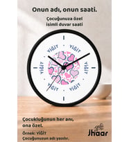 İsme Özel Pembe Kalpli Desenli Çocuk Odası Duvar Saati Orta Boy 30 cm Siyah Camlı Sessiz