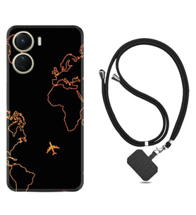 Vivo Y16 Kılıf Silikon Boyun Askılı İpli Desenli Silikon Harita ve Uçak 1777