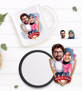 BK Gift Kişiye Özel Sevgililer Karikatürlü Beyaz Kupa ve Ahşap Bardak Altlığı Hediye Seti-58