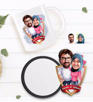 BK Gift Kişiye Özel Sevgililer Karikatürlü Beyaz Kupa ve Ahşap Bardak Altlığı Hediye Seti-58
