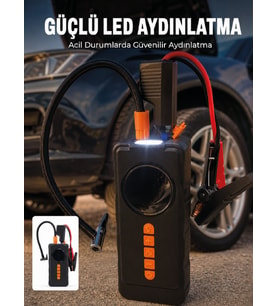 10000mAh Şarjlı Araç Kompresörü Akü Takviye Cihazı Powerbank Özellikli Dijital Lastik Şişirme Pompası