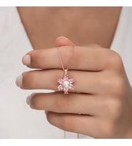 İncili Lotus Pembe Taşlı Rose Kolye-925 Ayar Gümüş