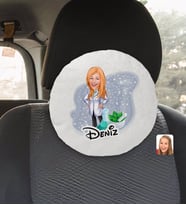 BK Gift Kişiye Özel İsimli Kadın Eczacı Karikatürlü Yuvarlak Araç Koltuk Yastığı-1