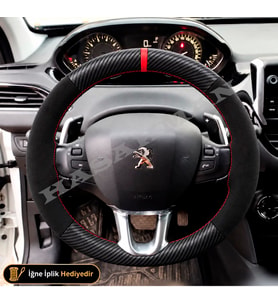 Peugeot 208 Dikme Direksiyon Kılıfı Alcantara Süet Mat Karbon Kırmızı Yüzük ve Dikiş Active-Allure-F1 Vitesli Tipler 2015-2019