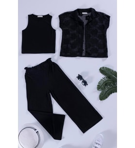 3'lü Çiçek Brodeli Siyah Gömlek Tshirt Pantolon Takım