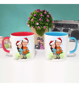Yılbaşı Çiftleri Karikatürlü Kırmızı ve Mavi Kupa Bardak