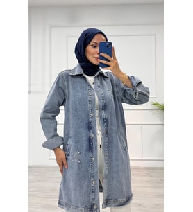 Taşlı tunik ceket kar yıkama orta mavi d2516