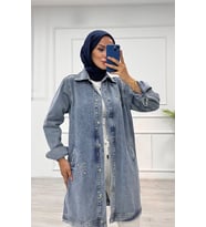 Taşlı tunik ceket kar yıkama orta mavi d2516