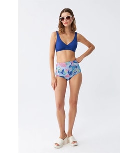 pilelistore- Kadın Pedli Yaprak Desenli Yüksek Bel Sax Bikini Takımı (Saks)