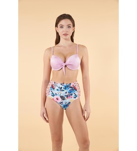 Estiva Desenli Yüksek Bel Britli Bikini Takımı - Pudra Mavi