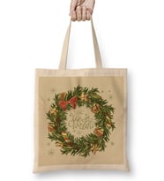 Yılbaşı Yeni Yıl Konseptli Wreath Gilf Merry Christmas Bez Çanta Uzun Saplı