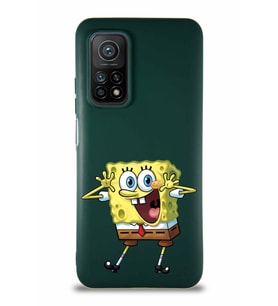Xiaomi Mi 10T Pro Soft Premier Kapak Sünger Bob Tasarımlı Silikon Kılıf - Yeşil (Şeffaf)