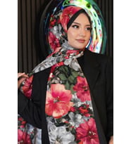 Pastoral Çiçek Desen Fuşya Soft Pamuk Şal (Standart)