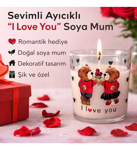 Sevimli Ayıcıklı “I Love You” Cam Bardak Soya Mum – Romantik Hediye & Dekoratif Mum (Kırmızı-Beyaz)
