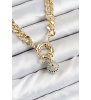 Pirinç Zirkon Taşlı Nazar Boncuk Detaylı Klasik Zincir Model Gold Renk Kadın Ko - GLST8338-459