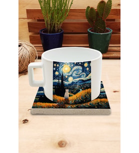 Kediler ve Sanat/Van Gogh Yıldızlı Gece The Starry Night Set 4 - Fincan Kupa-Taş Bardak Altlığı 2