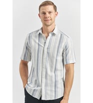 Koyu Lacivert Kısa Kollu Çizgili Armürlü Pamuklu Casual Slim Fit Dar Kesim Gömlek 1004240243