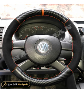Volkswagen Polo 9N-9N3 Dikme Direksiyon Kılıfı Alcantara Süet Mat Karbon Taba Yüzük ve Dikiş 3 Kollu-Tuşsuz-Trendline-Comfortline 2002-2009