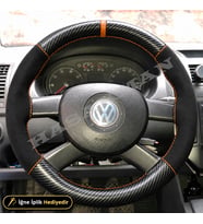 Volkswagen Polo 9N-9N3 Dikme Direksiyon Kılıfı Alcantara Süet Mat Karbon Taba Yüzük ve Dikiş 3 Kollu-Tuşsuz-Trendline-Comfortline 2002-2009