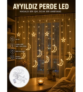 Yıldız ve Ay Figürlü Prizli Perde LED Işık Romantik Ortam Aydınlatması Yeni Nesil