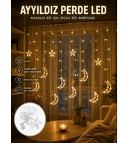 Yıldız ve Ay Figürlü Prizli Perde LED Işık Romantik Ortam Aydınlatması Yeni Nesil