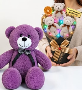 Kişiye Özel Renkli LED Işıklı Peluş Ayıcık Buketi ve 50 cm Büyük Boy Mor Peluş Ayıcık