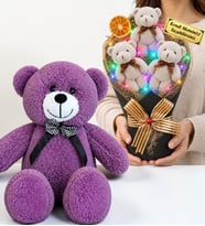 Kişiye Özel Renkli LED Işıklı Peluş Ayıcık Buketi ve 50 cm Büyük Boy Mor Peluş Ayıcık