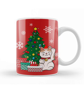 Lucky Cat Around The Christmas Tree Kupa Bardak Porselen