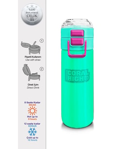 Coral High Kız Çocuk 500 ml Okul ve Günlük Paslanmaz Çelik Termos - Pembe Su Yeşili  - Sızdırmaz
