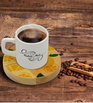 BK Gift Kişiye Özel Limon Tasarımlı Doğal Ahşap Tabaklı Türk Kahvesi Fincanı Model 1