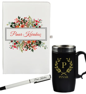 Çiçek Tasarımlı Kişiye Özel Defter Kalem Siyah Termos Mug Seti