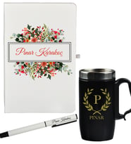 Çiçek Tasarımlı Kişiye Özel Defter Kalem Siyah Termos Mug Seti
