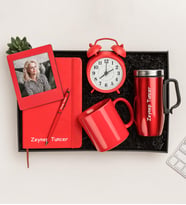 Kişiye Özel Fotoğraflı Çerçeve,Defter,Kalem,Masa Saati,Fincan Ve Termos Hediye Seti (Kırmızı)