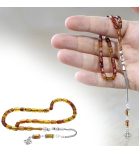 Ateş Kehribar Tesbih - 925 Ayar Gümüş Püsküllü - Bala Sarı Renk - Mini Boy - Kapsül Kesim