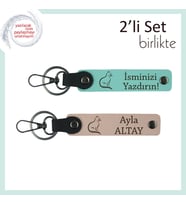 Miyavlayan Sadakate Özel, Kedili Desen, Kişisel İsimli 2’li Anahtarlık, Turkuaz-Yavru Ağzı (Çok Renkli)