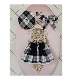 Eylülce Butik Ekoseli Etek & Şapka & Vıntage Yaka & Toka Takım