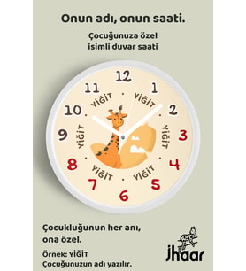 İsme Özel Sevimli Zürafa Çocuk Odası Duvar Saati Orta Boy 30 cm Beyaz Camlı Sessiz