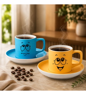 BK Gift 2'li Turkuaz ve Sarı Renkli Emoji Yüz Tasarımlı Seramik Türk Kahvesi Fincanı Takımı-2