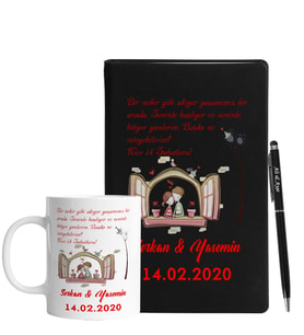 Sevgililer Gününe Özel Siyah Defter Kalem & Kupa Hediye Seti 10