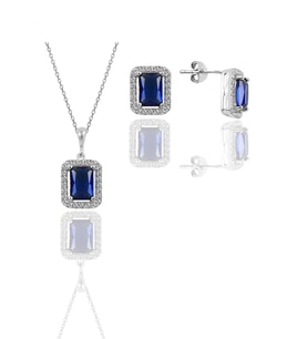 Söğütlü Silver Gümüş rodyumlu safir taşlı baget kesim ikili set
