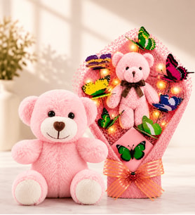 LED Işıklı Peluş Ayıcık Buketi ve Pembe Peluş Ayıcık Sevgiliye Arkadaşa Anneye Kadına Hediye