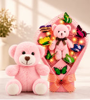 LED Işıklı Peluş Ayıcık Buketi ve Pembe Peluş Ayıcık Sevgiliye Arkadaşa Anneye Kadına Hediye