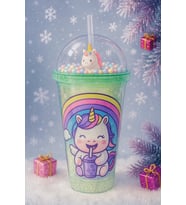 Unicorn Temalı Suluk Pipetli Buzlu Cam Görünümlü 450 ML Çift Katman Mika Su Şişesi 2646 Yeşil