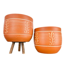 Bitki Tasarımı Ev Dekorasyon Nakış Desenli Toprak Saksı Saksılık Salon Çiçeklik İkili Set Ayaksız - 3 Ayaklı- 19 CM